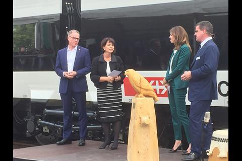 President of the Swiss Confederation Doris Leuthard joined 500 guests at the official roll-out of the first compete EC250 Giruno 250 km/h inter-city trainset.